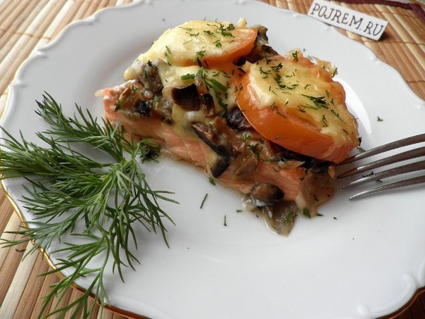 Рыбка запечённая с шампиньонами и чери под сливками Рыбка запечённая с шампиньонами и чери под сливками