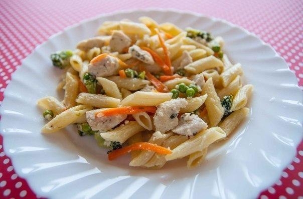 Паста с курицей, овощами и сливочным соусом Паста с курицей, овощами и сливочным соусом