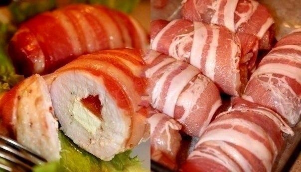 Рецепт: Рулетики из куриного филе с сыром "Фета" и помидорами, в беконе Рецепт: Рулетики из куриного филе с сыром "Фета" и помидорами, в беконе