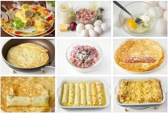 Рецепт: Яичные рулетики с мясной начинкой - отличный завтрак!