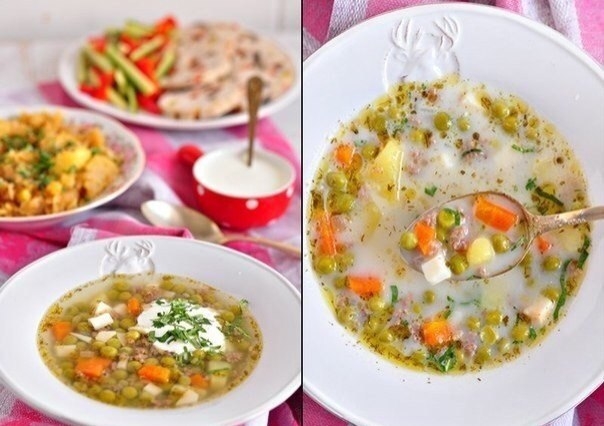 Рецепт: Суп с зеленым горошком, фаршем и копченым сыром Рецепт: Суп с зеленым горошком, фаршем и копченым сыром