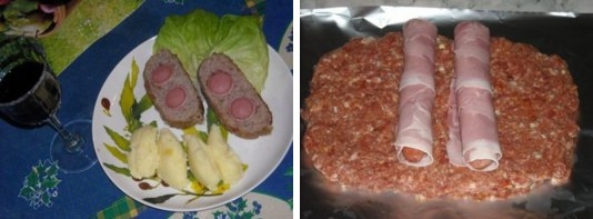 Мясной рулет с сосисками.