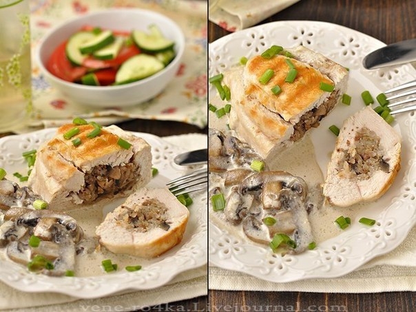 Куриные грудки фаршированные гречкой и шампиньонами, тушенные в сливочно-грибном соусе Куриные грудки фаршированные гречкой и шампиньонами, тушенные в сливочно-грибном соусе