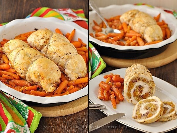 Куриные рулеты, фаршированные кускусом, курагой и орехами.