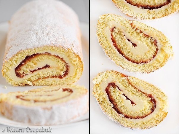 Бисквитный рулет с масляно-сливочным кремом и клубничным джемом.