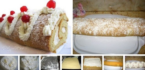 Бисквитный рулет с вишней и сливками Бисквитный рулет с вишней и сливками