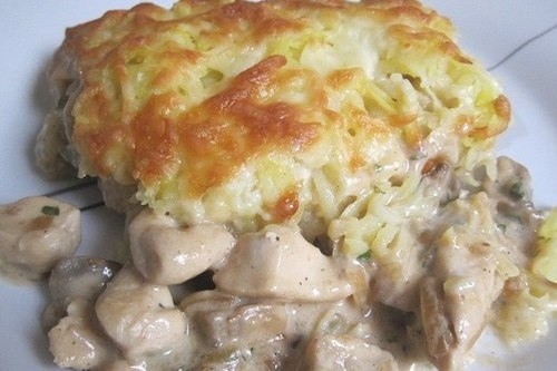 Курица с грибами под шубой из картофеля Курица с грибами под шубой из картофеля