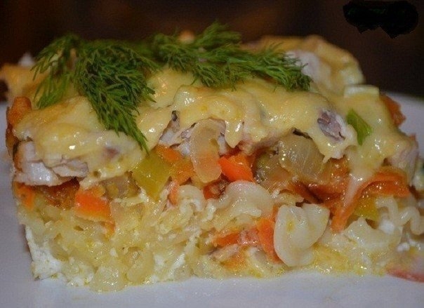 Вкусная запеканка из макарон с курицей