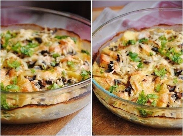 Картофельный гратен с курицей и грибами на 100грамм - 85.6 ккалБ/Ж/У - 12.67/2.11/4.41