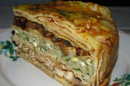 Блинный курник с грибами и курицей
