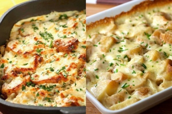 Картофельная запеканка с куриным филе под сметанным соусом Картофельная запеканка с куриным филе под сметанным соусом