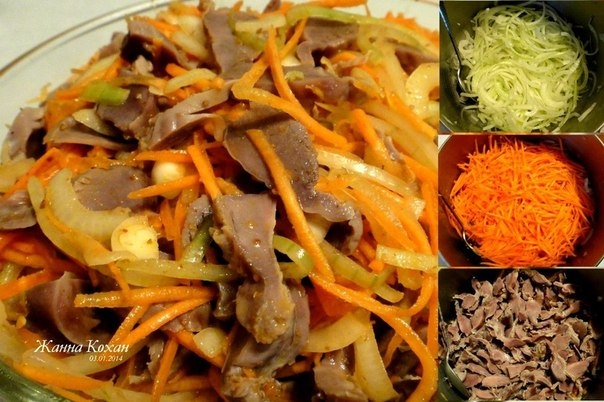 Острый салат с куриными желудками.