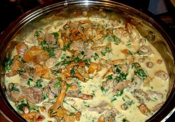 Нежная индейка с лисичками в сметанном соусе.