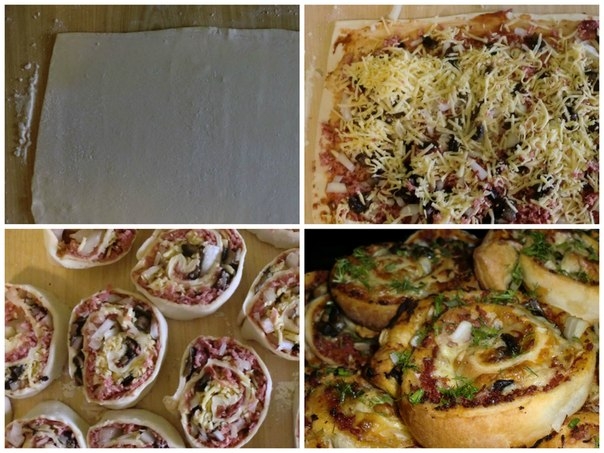 РУЛЕТЫ ИЗ СЛОЕНОГО ТЕСТА С ГРИБАМИ И ВЕТЧИНОЙ