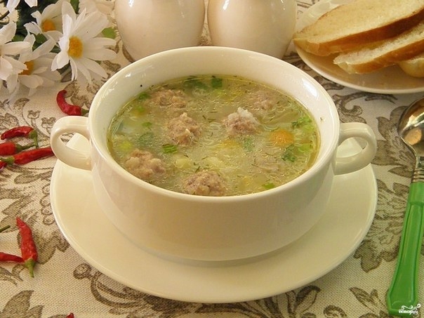 Суп с фрикадельками и рисом. Суп с фрикадельками и рисом.