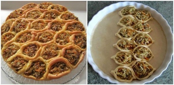 Пирог "соты" с квашенной капустой и мясным фаршем.