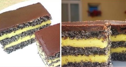 Торт с маком, ванильным кремом и шоколадной глазурью.
