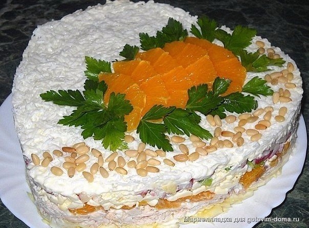 "Слоёный салат с курицей, апельсинами и плавленым сыром" "Слоёный салат с курицей, апельсинами и плавленым сыром"