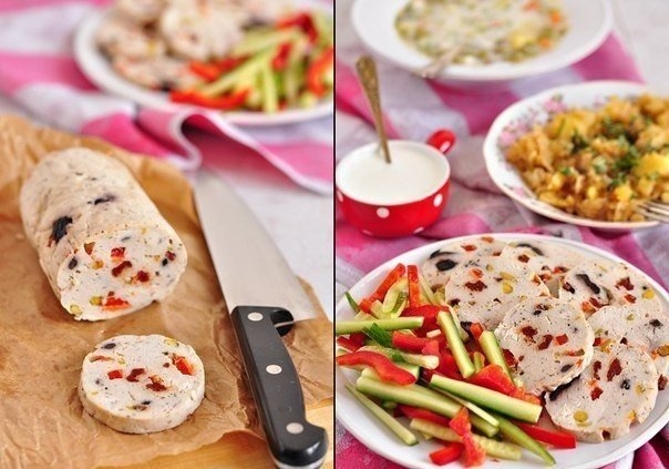 Куриный рулет с оливками, вялеными томатами и фисташками (диетический)