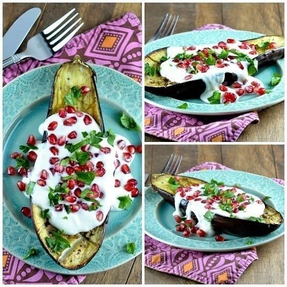 Запечённые баклажаны в духовке с чесноком, гранатом и соусом кешью Запечённые баклажаны в духовке с чесноком, гранатом и соусом кешью