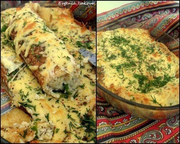 Фаршированные блины, запеченные под сыром. Фаршированные блины, запеченные под сыром.