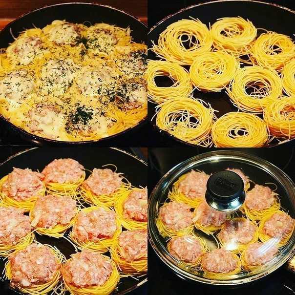 ГНЁЗДА (быстро, вкусно и очень просто) &mdash; Берём лапшу гнёзда, укладываем в сковороду.