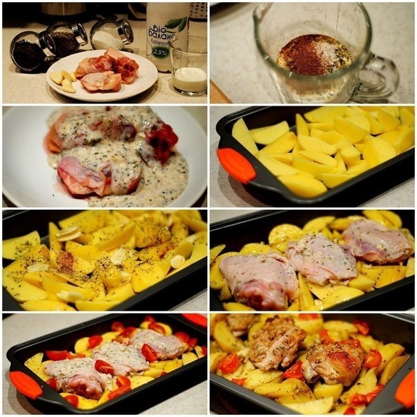 Курица маринованная в кефире, запечённая с картофелем с травами и чесноком. 110 ккал Курица маринованная в кефире, запечённая с картофелем с травами и чесноком. 110 ккал